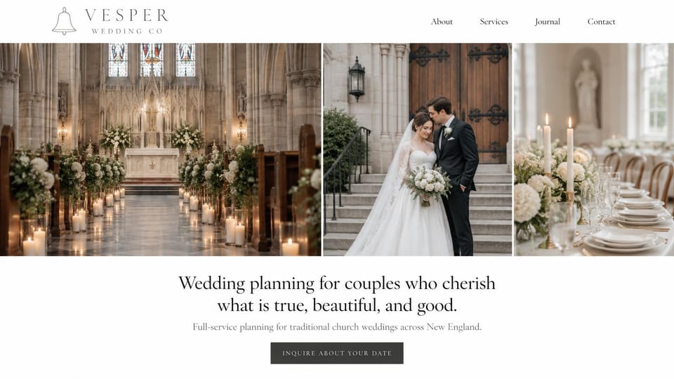Wedding planner website design, church wedding planner with a photo triptych: white page with a bell logo, photos of a candlelit church aisle, a couple at the church door and a reception table