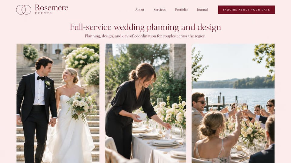 Wedding planner website design, planner shown at work in a photo trio: blush page, centered serif headline, tall photos of a couple, a planner setting a table and guests toasting, burgundy button