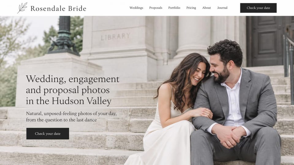 Wedding photographer website design, wedding, engagement and proposal photographer on library steps: white menu with a black button, a laughing couple seated on pale stone library steps, a dark serif headline and a dark button