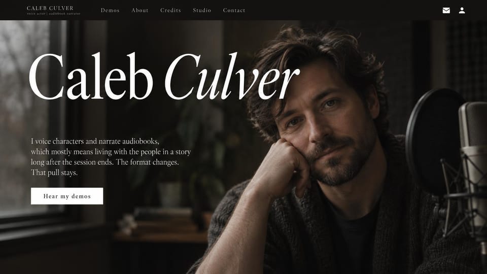 Actor website design, audiobook and character voice actor by the microphone: dark page, a huge white serif name with an italic surname, a short paragraph and a white demos button beside a man resting his head near a studio microphone