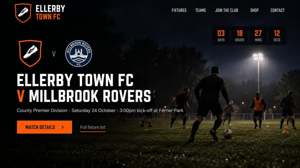 Sports team website design, town soccer club with a match countdown: black page with orange accents, two club crests and a large white match headline over a floodlit night training photo, a countdown at top right