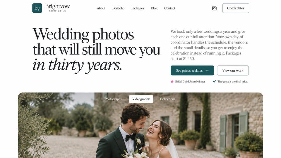 Wedding photographer website design, photo and video studio with a starting price: white page, large serif headline with an italic line, teal button, a wide photo of a couple with tabs for photography, videography and collections