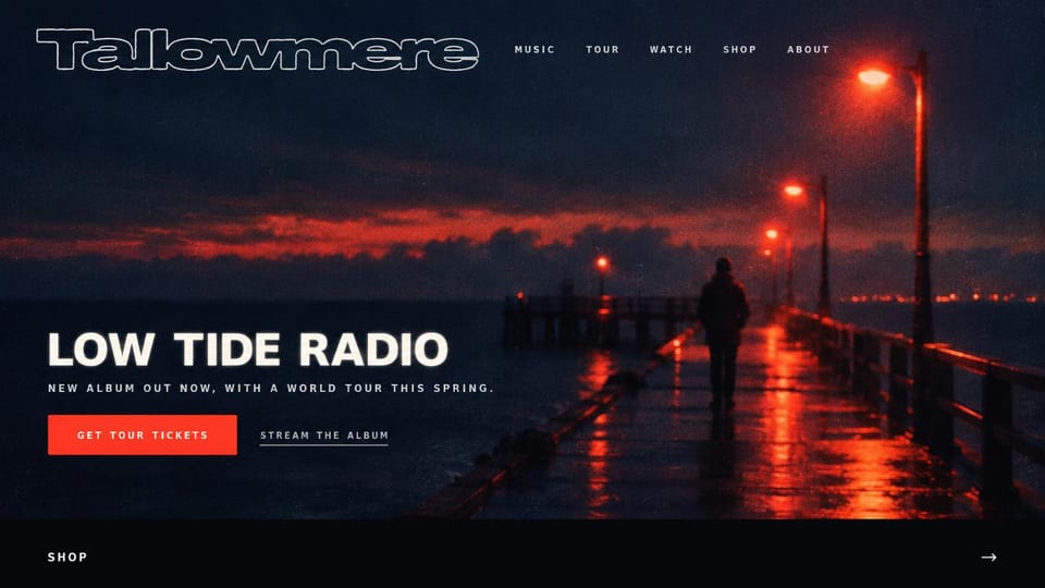 Musician website design, album and tour on a night pier: a lone figure on a wet pier under red lamps, a bold white title and a red ticket button
