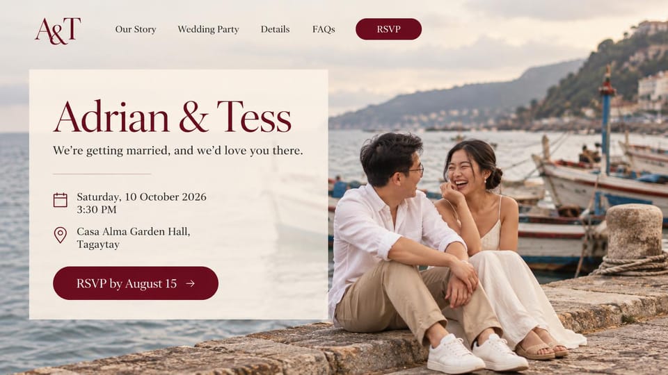 Wedding website design, destination wedding with a details card: a couple laughing on a harbor wall behind a translucent ivory card with burgundy names and RSVP button