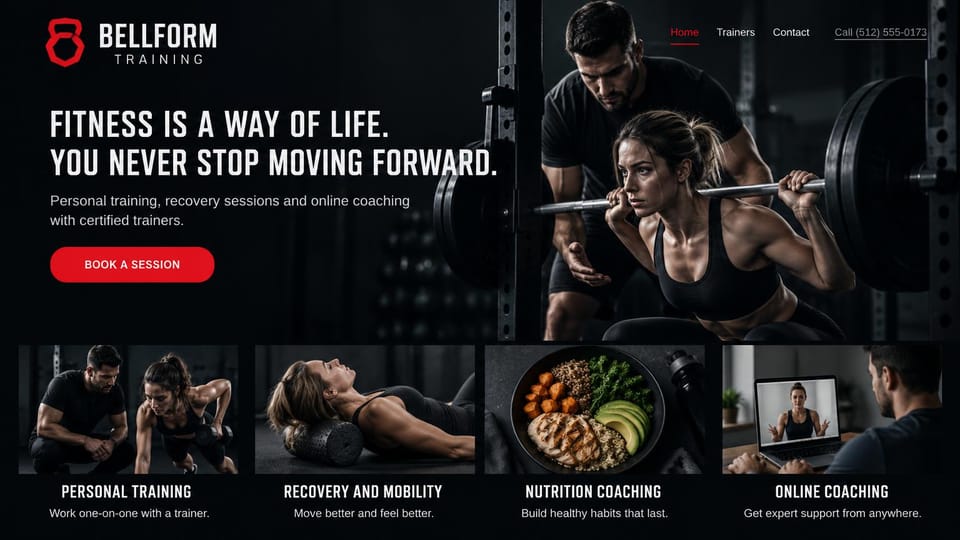 Personal trainer website design, training, recovery, nutrition and online coaching in four tiles: black page, white condensed capitals, a red session button, a trainer spotting a woman's barbell squat, four photo tiles for training, recovery, nutrition and online coaching