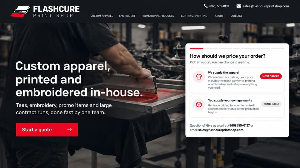 Printing website design, custom apparel printer with a pricing choice: dark charcoal workshop photo, a white headline, a red quote button and a white card offering two ways to price an order