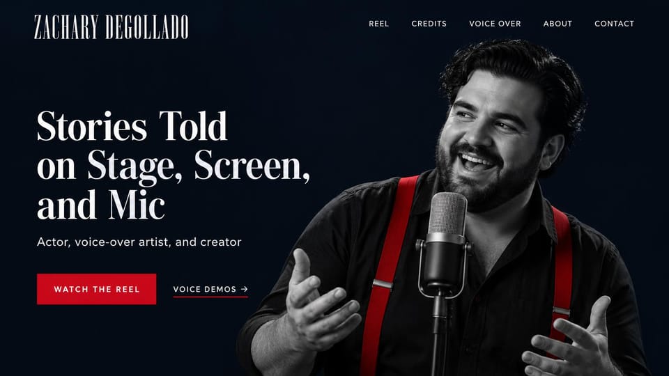 Actor website design, stage, screen and voice actor at a vintage microphone: dark navy page, a condensed white name, a large white serif headline, a red reel button and a black and white photo of a laughing man in red suspenders at a vintage microphone