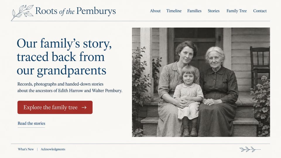 Genealogy website design, family story traced from the grandparents: off-white page, navy serif headline, a red tree button, a black and white porch photo of a grandmother, mother and small child