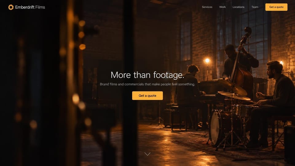 Videographer website design, brand films over a dim live music scene: dark amber warehouse with a jazz trio playing, small centered white headline and a yellow quote button