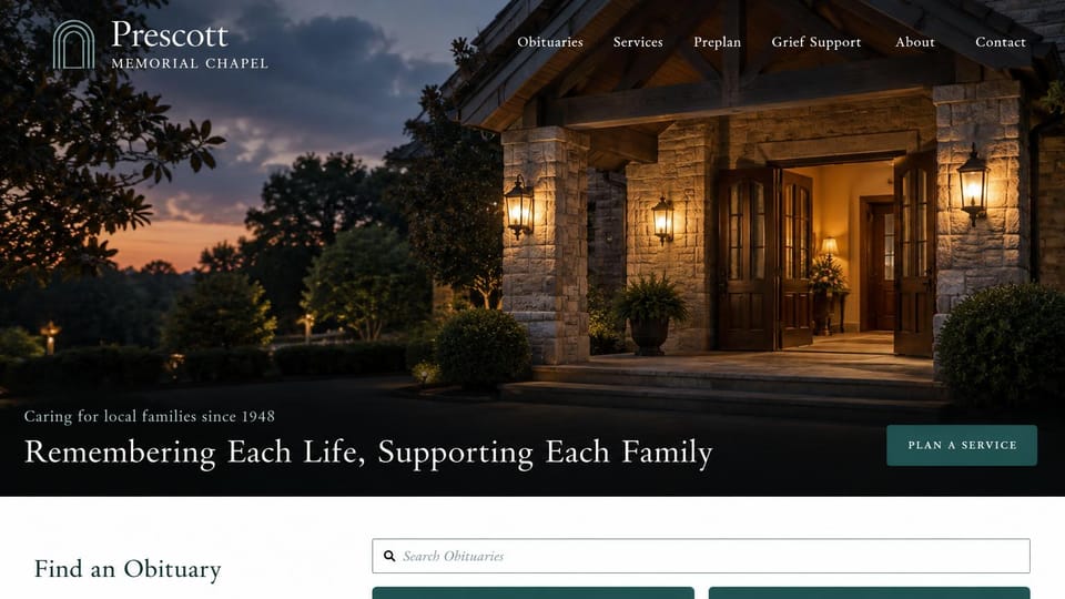 Funeral home website design, chapel at dusk with obituary search: dark dusk photo of a stone chapel entrance with glowing lanterns, a white serif headline at the bottom, a teal button and a white obituary search band below