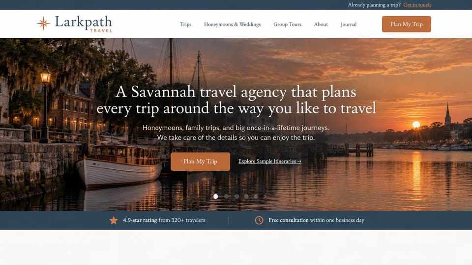 Business website design, hometown travel agency with a sunset waterfront: white header with a copper plan button, sunset photo of a river waterfront with brick buildings, a lamppost and moored boats, centered white serif headline, navy strip with a star rating and a consultation promise