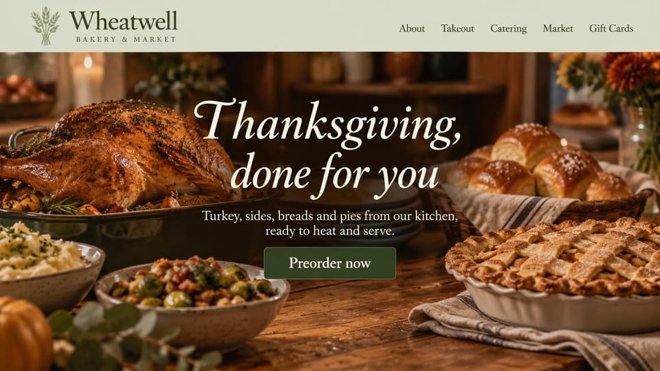 Bakery website design, bakery and market with holiday preorders: pale sage header, a feast of roast turkey, rolls, sides and a lattice pie, a cream italic serif headline and a dark green preorder button