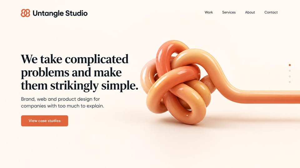 Agency website design, brand and web studio with a 3D knot: cream page, a black serif headline, an orange button and a glossy orange 3D knot