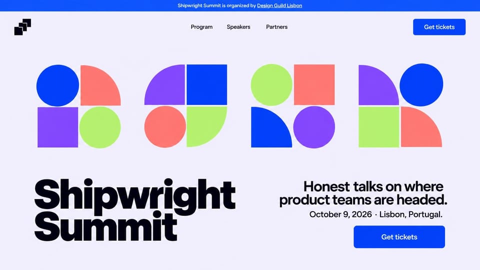 Event website design, product summit with bold geometric shapes: pale lavender page, blue, coral, purple and lime geometric shapes, large black name, blue ticket button