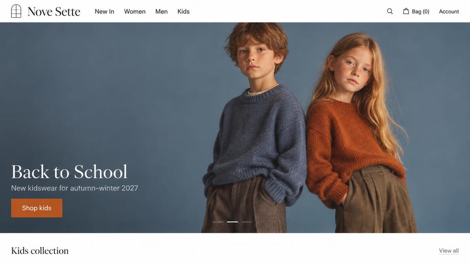 Fashion website design, kidswear on a blue backdrop for back to school: slate blue studio, a boy in a blue sweater and a girl in a rust sweater, a white serif headline, a rust button and a kids collection row below