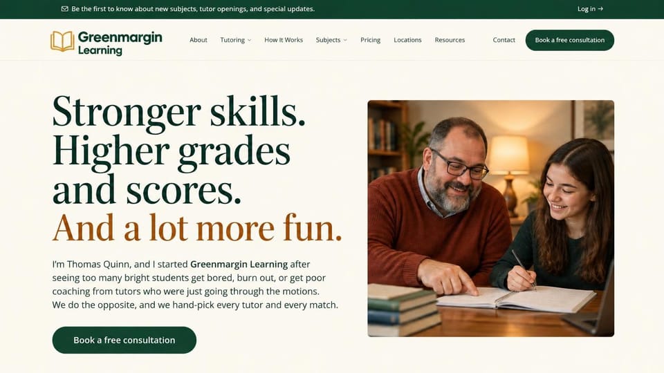 Tutoring website design, small tutoring company with a founder's story: cream page, large dark green serif headline ending in an orange line, a bearded tutor helping a teenage girl with a book, dark green button