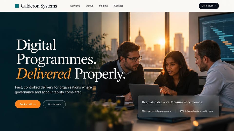 IT company website design, technology program delivery with a results panel: dark teal shading over a sunset office meeting, large white serif headline with an orange italic word, orange button, a glass results panel