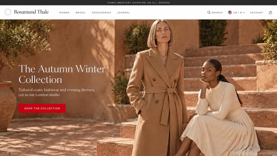 Fashion website design, studio-made coats in a terracotta courtyard: terracotta courtyard and steps, a woman in a camel trench and a woman in a cream knit dress, a white serif headline and a red button