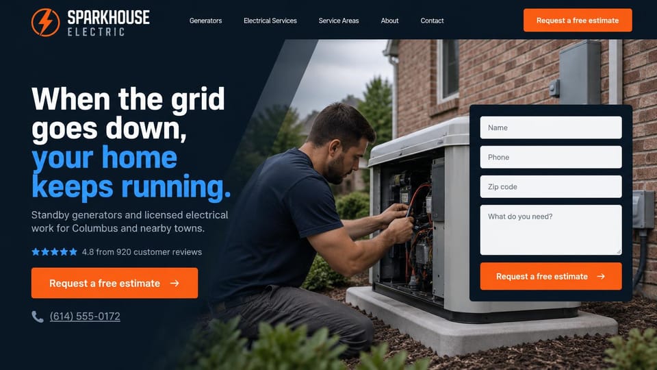 Electrician website design, standby generators with an estimate form: dark navy page with a white and blue headline and orange buttons, a technician working inside a standby generator by a brick house, an estimate form on the right