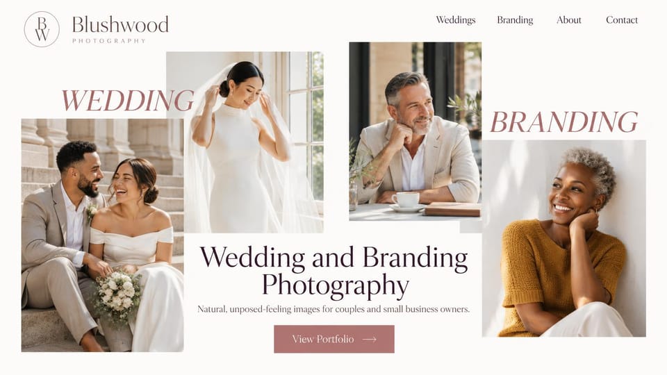Photography website design, wedding and branding in one collage: warm white page, a collage of wedding and branding portraits around a plum serif headline and a rose button