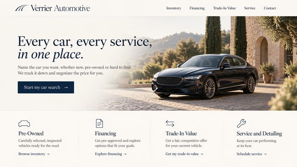 Car dealership website design, car sourcing and sales in ivory and navy: ivory page, navy serif headline with an italic second line, a dark sedan in a sunny stone courtyard, a navy search button and four service links below