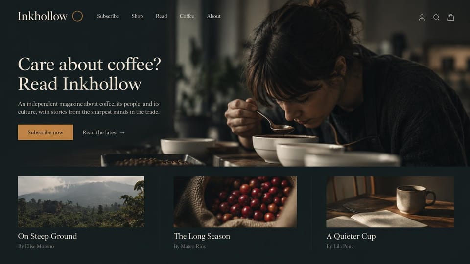 News and magazine website design, coffee magazine on dark slate with three stories: dark slate page, cream serif wordmark with a copper ring, a woman tasting coffee from a spoon over cupping bowls, copper subscribe button, three story photos of hills, coffee cherries and a mug