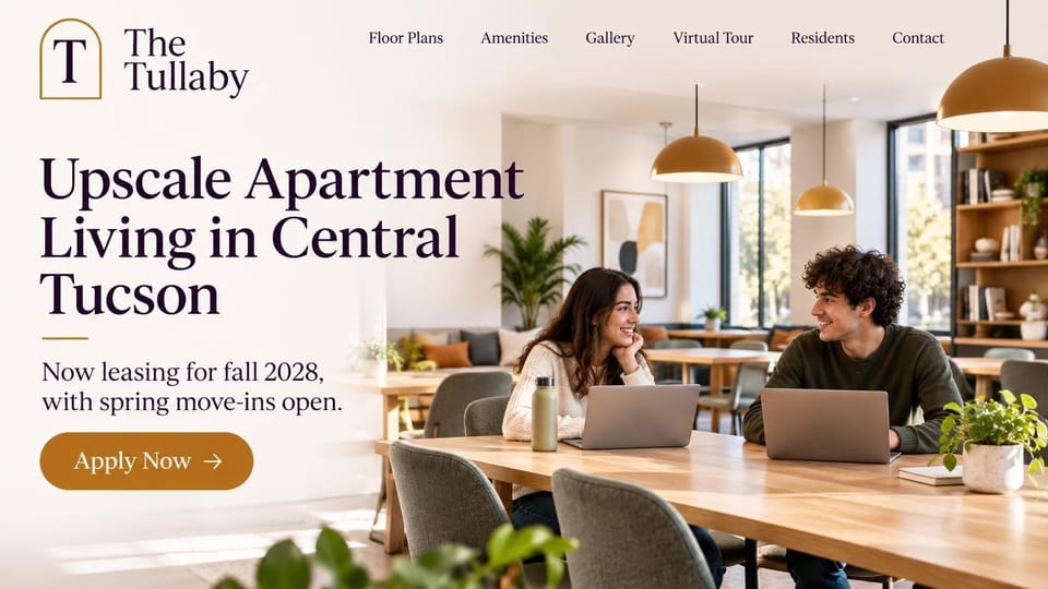Apartment website design, upscale student apartments with a study lounge: warm cream page with an arch monogram and a large plum serif headline, a sunny lounge with brass pendants and two students at laptops, gold apply button
