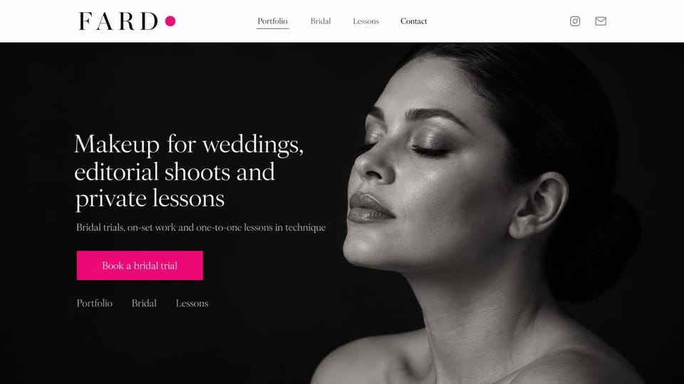 Makeup artist website design, editorial makeup artist with a profile portrait on black: white menu with a serif wordmark and a pink dot, a black page with a black and white profile beauty portrait, a white serif headline and a hot pink button