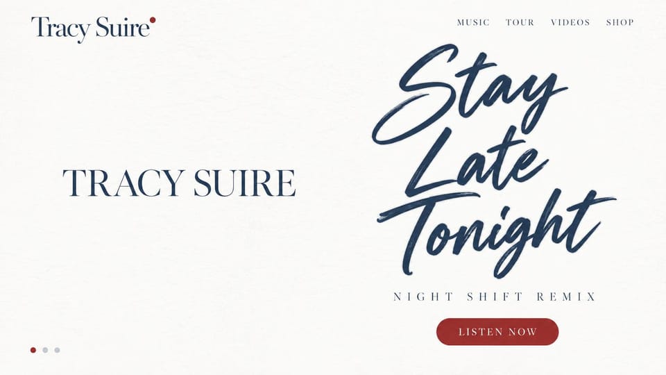 Musician website design, solo artist with a handwritten title: warm white page, navy serif name, a large navy script title and a red listen button