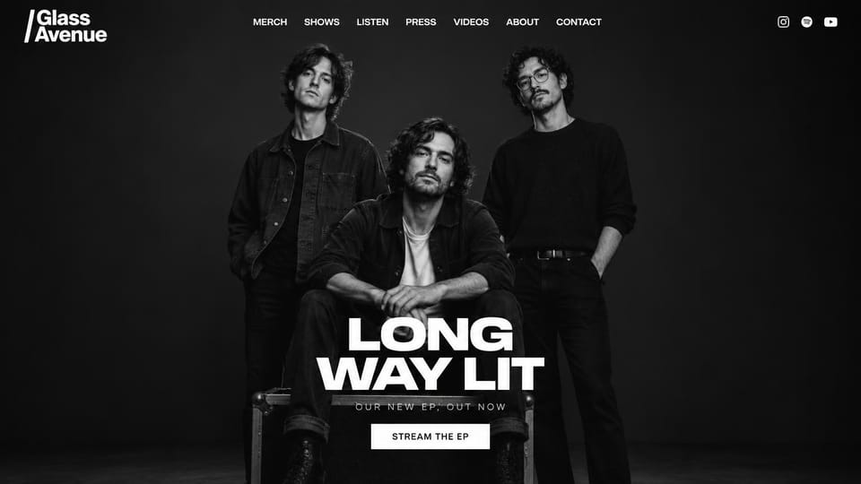 Musician website design, band portrait with the new release up front: black and white portrait of a three-piece band, bold white title and a white stream button