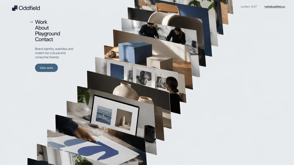 Portfolio website design, brand and motion studio with a cascade of work: pale gray page, a small menu and intro on the left, a diagonal cascade of studio and product photos