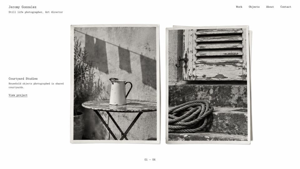 Photography website design, black and white still life series: white page, two black and white photos of a jug on a table and a coil of rope shown as overlapping prints