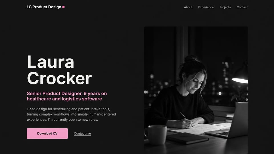 Resume website design, healthcare product designer with a night desk photo: near-black page, a large white name, a pink role line, a pink download CV button and a black and white photo of a woman sketching at a desk at night