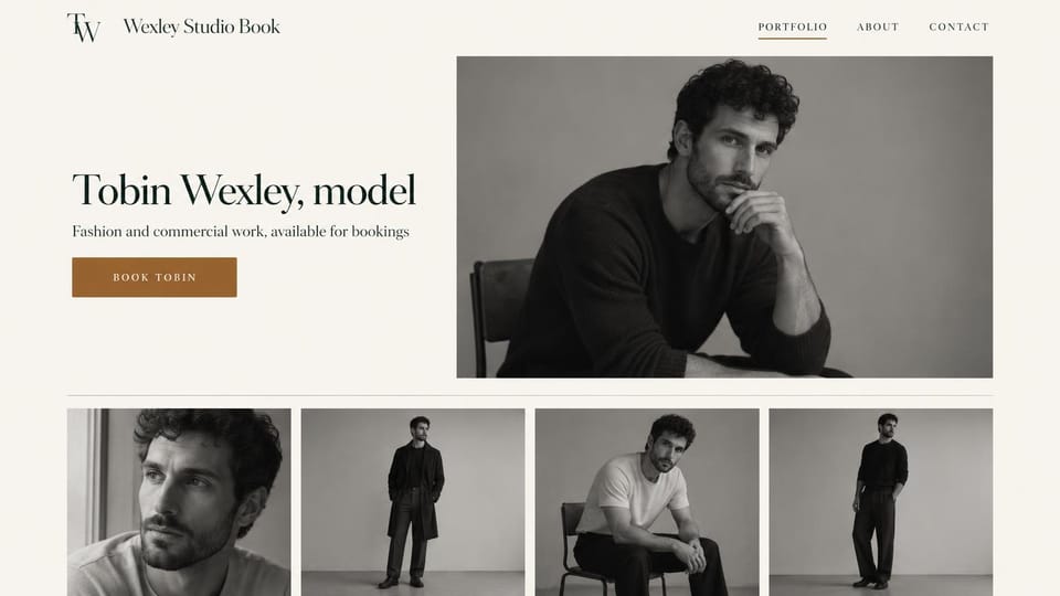 Model portfolio website design, male model in black and white on warm ivory: warm ivory page, a dark serif name, a brown booking button, a large black and white photo of a curly-haired man in a dark sweater and four black and white photos below