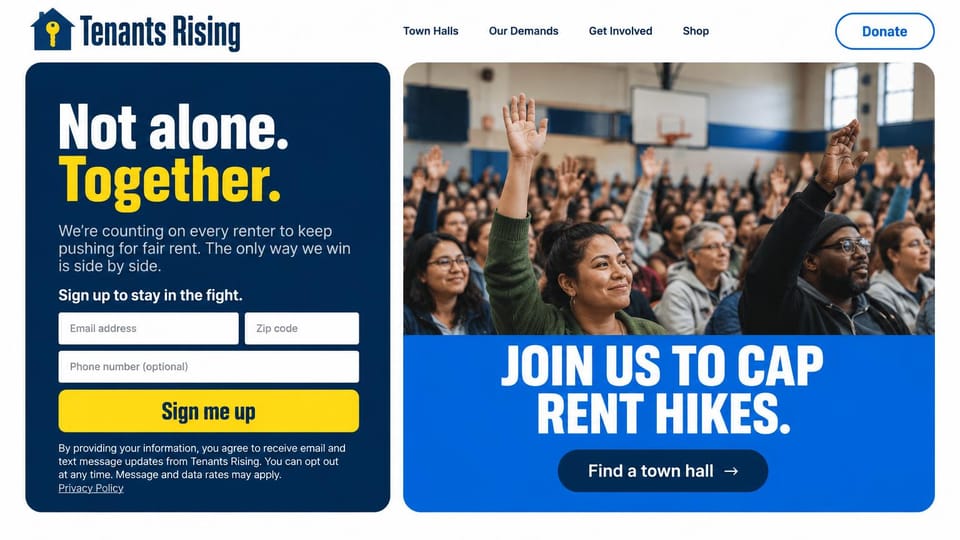 Nonprofit website design, tenant organizing with the sign-up form first: navy and bright yellow, a sign-up form beside a crowd at a town hall under a bold headline