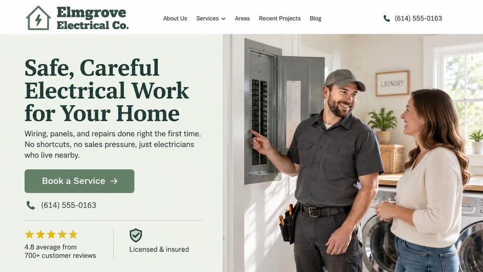 Electrician website design, home electrician explaining the panel to a customer: pale sage panel with a dark green serif headline and a green button, a smiling electrician pointing at a breaker panel beside a homeowner in a laundry room