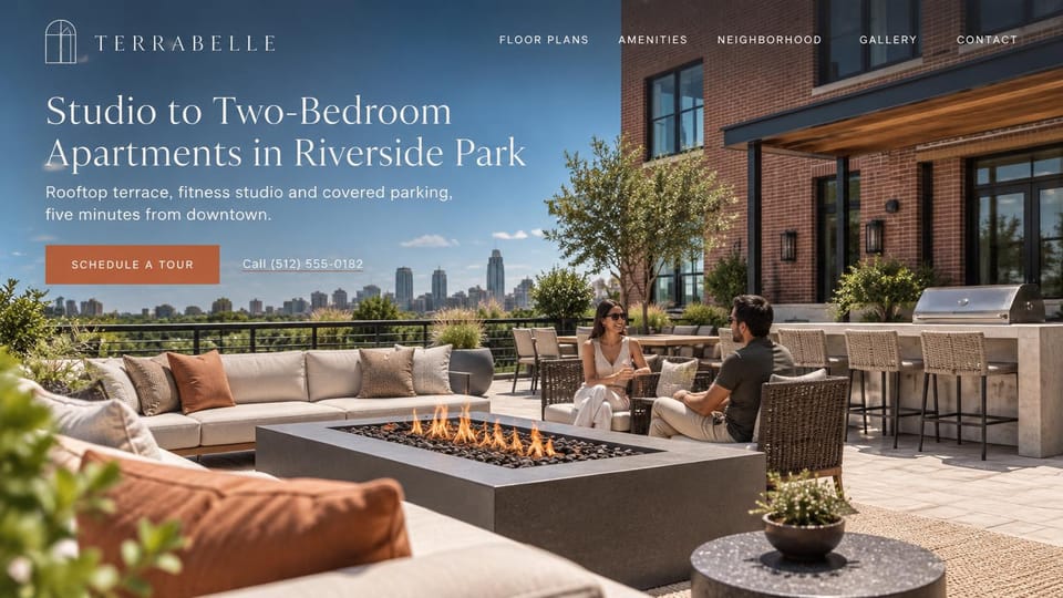 Apartment website design, urban apartments with a rooftop terrace: rooftop terrace with a fire pit, a couple talking and a city skyline under blue sky, white serif headline, terracotta tour button
