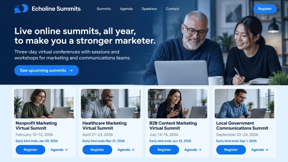 Event website design, online summit series with event cards: dark blue hero with two colleagues at a laptop, white headline, blue button, four pale cards with photos and blue register buttons