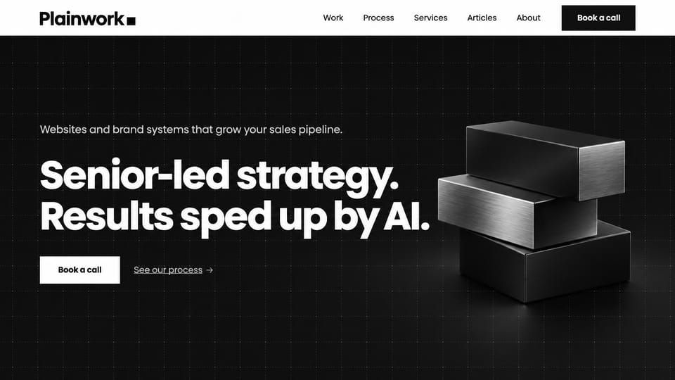 AI startup website design, aI-assisted agency in black and steel: black page with a faint grid, heavy white headline, a white book-a-call button and three stacked metal blocks
