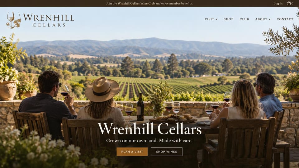 Winery and brewery website design, estate winery with a valley terrace view: wide photo of friends at tables on a stone terrace above vineyard rows and hills, a thin serif wordmark, a large white serif name and two small buttons at the bottom