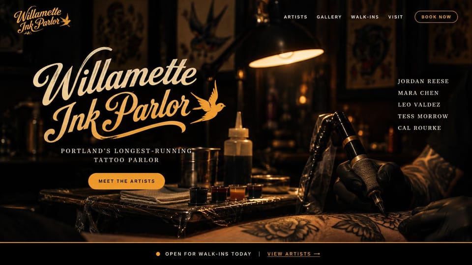Tattoo website design, old-school parlor with vintage script and its artists listed: dark page, a gold vintage script logo with a swallow, a tattoo machine and ink caps on a lamplit bench, artist names in small capitals, an orange button