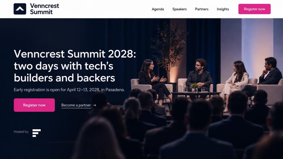 Event website design, tech summit with a partner link and host mark: white header, dark navy photo of a four-person panel on stage before an audience, white headline, magenta register button