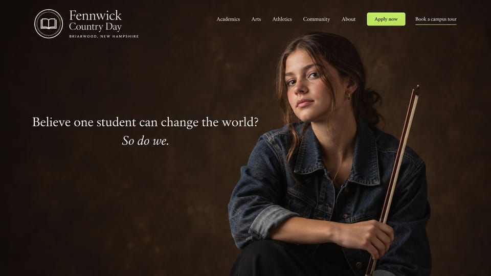 School website design, country day school with a student portrait: dark brown backdrop, a student holding a violin bow, a centered serif question and a lime apply button