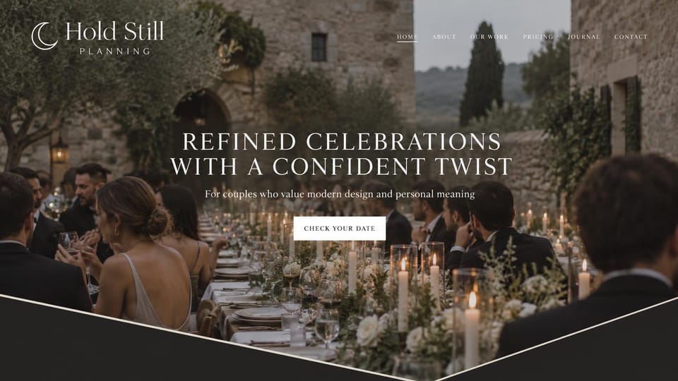 Wedding planner website design, modern planner with an angled photo edge: dark courtyard reception photo with an angled dark band at the bottom, white capital serif headline, white date button