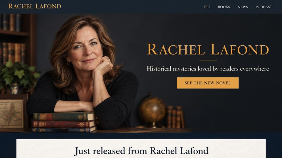 Author website design, historical mystery with a study portrait: navy and gold, an author resting her chin on her hands among old books and a globe