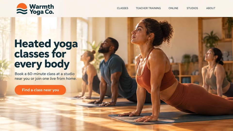 Yoga studio website design, heated yoga in sunlit studios and online: cream header with an orange sun logo, a dark teal headline over a sunlit class in upward dog on a wooden floor, an orange find-a-class button