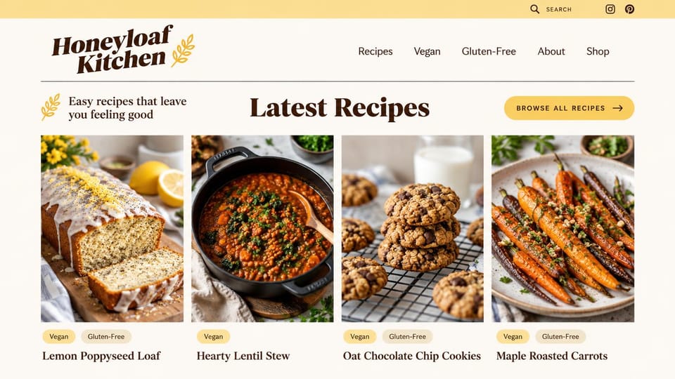 Blog website design, recipe blog with diet labels: cream page, a brown serif logo with a wheat sprig and four food photos with yellow diet tags