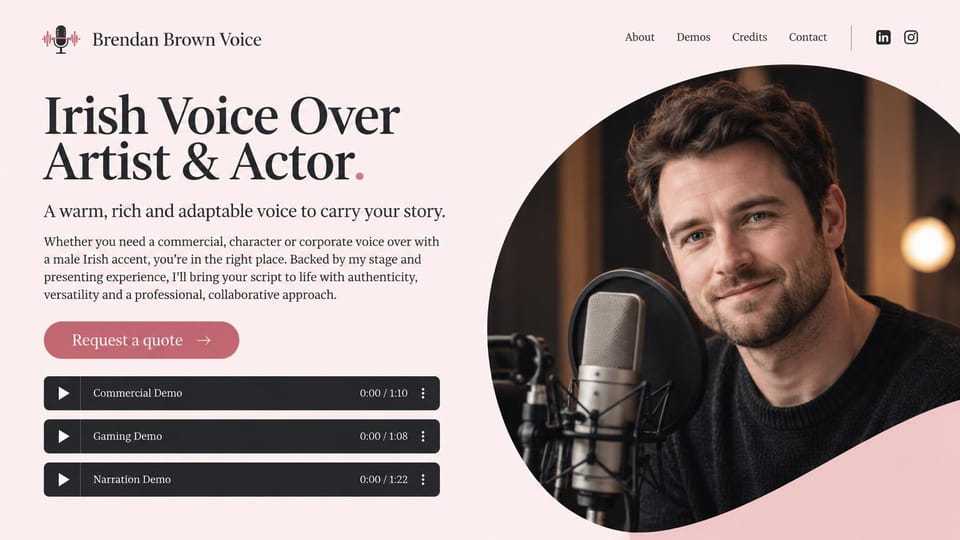 Actor website design, voice-over artist with three demos up front: blush pink page, a large dark serif headline, a rose quote button, three dark audio players and a man at a studio microphone in a curved photo