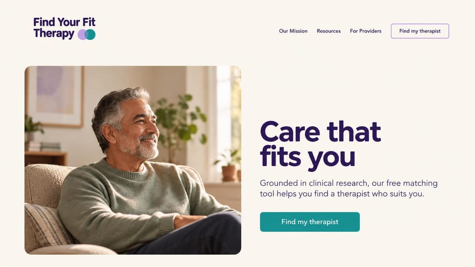 Therapist website design, therapist matching with a friendly portrait: warm off-white, a smiling older man in an armchair beside a bold purple headline and teal button