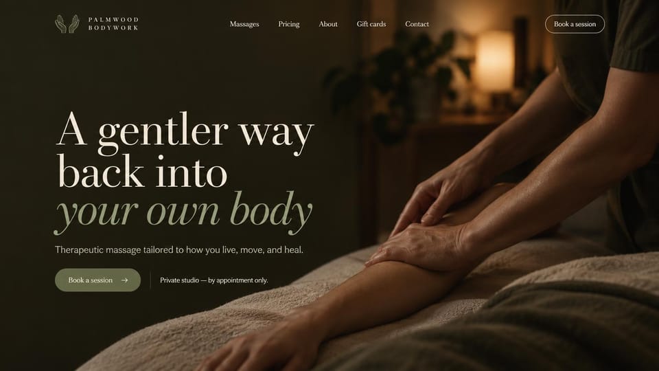 Massage therapist website design, private studio, dark and unhurried: dark olive and brown, a large cream serif headline with a sage italic line over a close-up of hands massaging an arm